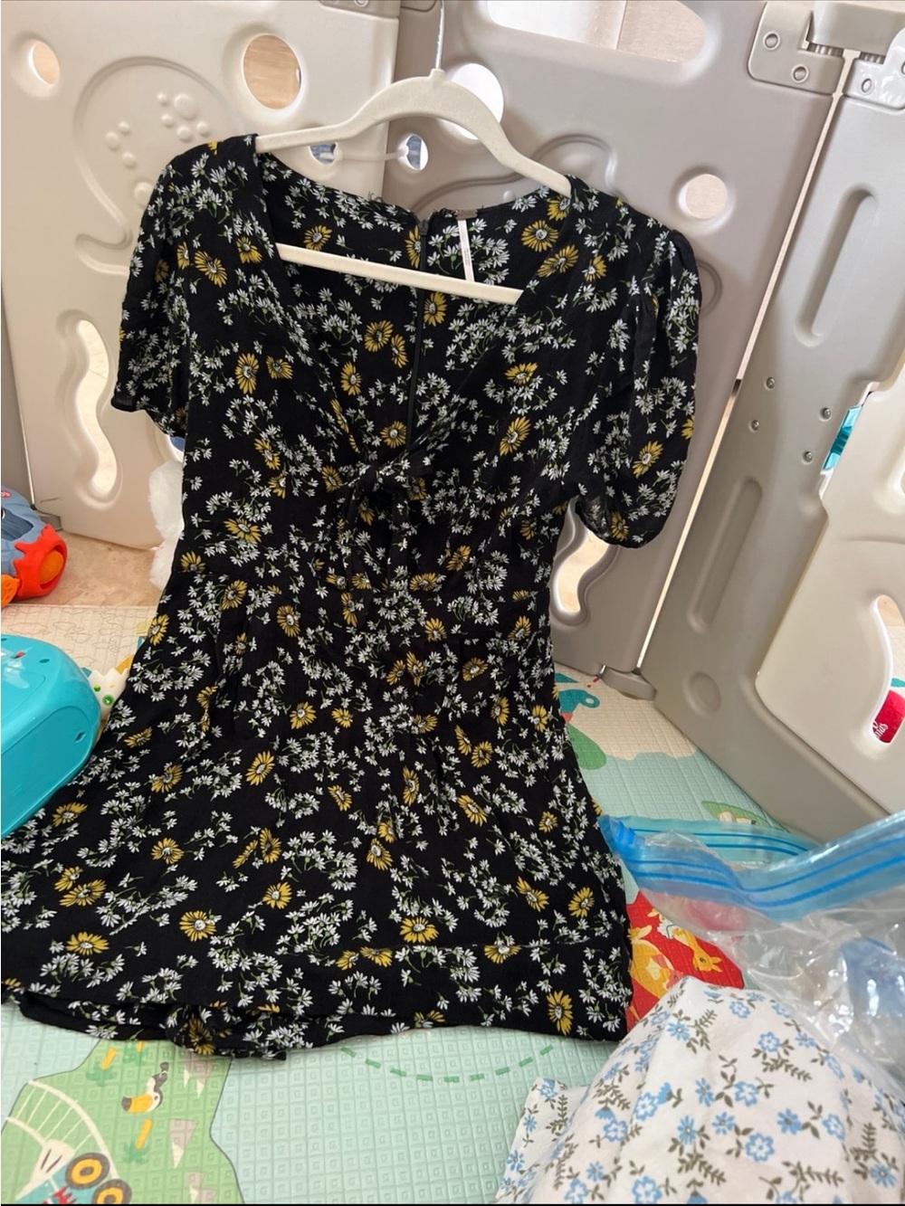 Free People Black Mini Dress with Yellow & White Floral Print